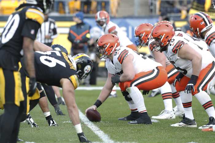 Jan 8, 2023; Pittsburgh, Pennsylvania, USA; Cleveland Browns center Ethan Pocic (55) prepares to snap the ball against the Pittsburgh Steelers during the fourth quarter at Acrisure Stadium. Pittsburgh won 28-14. Mandatory Credit: Charles LeClaire-USA TODAY Sports